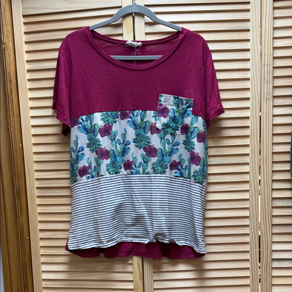 Burgundy Floral and Striped Short Sleeve Top
